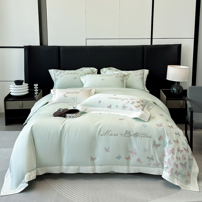 91家纺网 家纺一手货源 找家纺 春夏新品50*50S贡缎长绒棉刺绣四件套纯棉床单床笠高档礼盒装 清新绿-蝶影纷飞-贡缎长绒棉