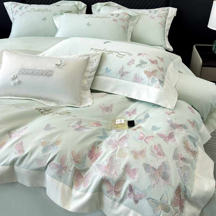 91家纺网 家纺一手货源 找家纺 春夏新品50*50S贡缎长绒棉刺绣四件套纯棉床单床笠高档礼盒装 清新绿-蝶影纷飞-贡缎长绒棉