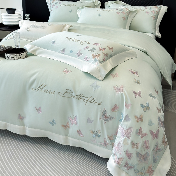 91家纺网 家纺一手货源 找家纺 春夏新品50*50S贡缎长绒棉刺绣四件套纯棉床单床笠高档礼盒装 清新绿-蝶影纷飞-贡缎长绒棉