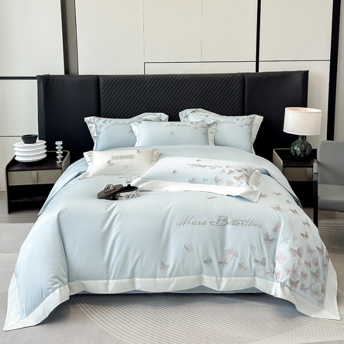 91家纺网 家纺一手货源 找家纺 春夏新品50*50S贡缎长绒棉刺绣四件套纯棉床单床笠高档礼盒装 蒂芙尼蓝-蝶影纷飞-贡缎长绒棉