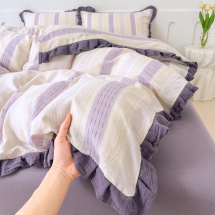 91家纺网 家纺一手货源 找家纺 （总）【苏东来】2025韩版木耳花边纯棉全棉双层纱四件套全棉纯棉小碎花印花四件套法式赫本公主风皱皱纱蕾丝花边四件套针织棉四件套件