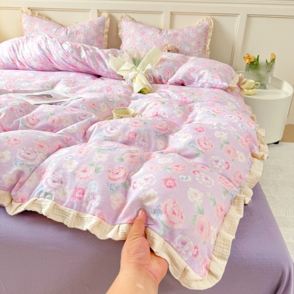 （总）【苏东来】2025韩版木耳花边纯棉全棉双层纱四件套全棉纯棉小碎花印花四件套法式赫本公主风皱皱纱蕾丝花边四件套针织棉四件套件