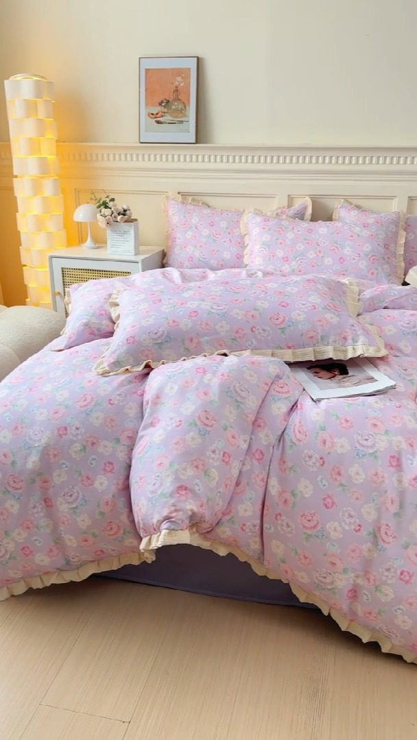 91家纺网 家纺一手货源 找家纺 （总）【苏东来】2025韩版木耳花边纯棉全棉双层纱四件套全棉纯棉小碎花印花四件套法式赫本公主风皱皱纱蕾丝花边四件套针织棉四件套件