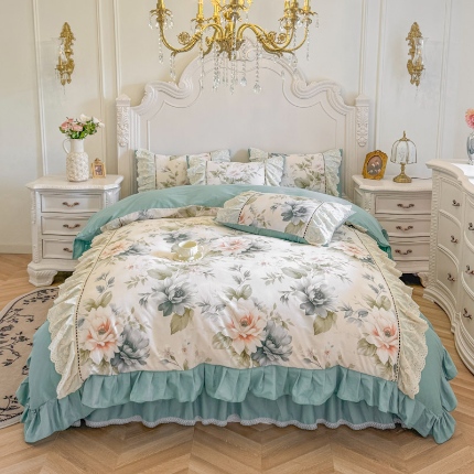 91家纺网 家纺一手货源 找家纺 （总）亲亲公主 2025新款全棉法式立体蝴蝶花边四件套--米娅