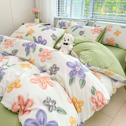 91家纺网 家纺一手货源 找家纺 （总）蒂凡秀家纺 2025新款A类有氧水洗泡泡棉印花四套皱皱纱泡芙棉四件套