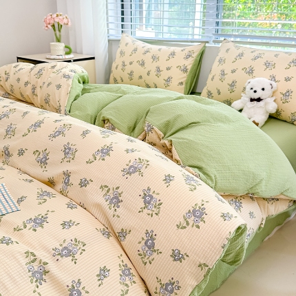 91家纺网 家纺一手货源 找家纺 （总）蒂凡秀家纺 2025新款A类有氧水洗泡泡棉印花四套皱皱纱泡芙棉四件套