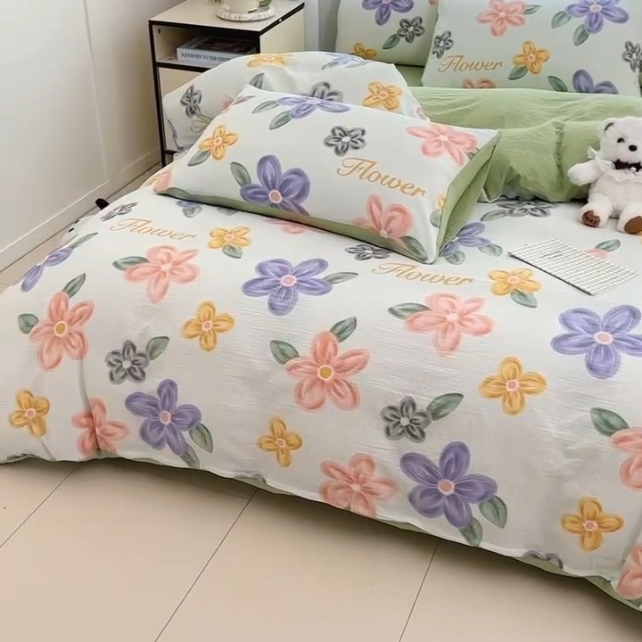 91家纺网 家纺一手货源 找家纺 （总）蒂凡秀家纺 2025新款A类有氧水洗泡泡棉印花四套皱皱纱泡芙棉四件套