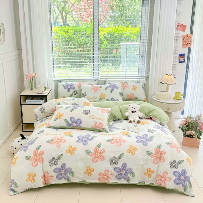 91家纺网 家纺一手货源 找家纺 （总）蒂凡秀家纺 2025新款A类有氧水洗泡泡棉印花四套皱皱纱泡芙棉四件套