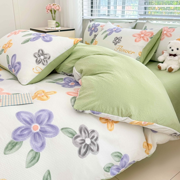 91家纺网 家纺一手货源 找家纺 （总）蒂凡秀家纺 2025新款A类有氧水洗泡泡棉印花四套皱皱纱泡芙棉四件套