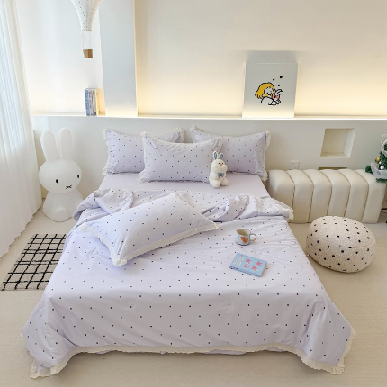 91家纺网 家纺一手货源 找家纺 吾欢心 2025新款水洗双层纱夏被四件套 紫色波点