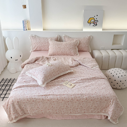 91家纺网 家纺一手货源 找家纺 吾欢心 2025新款水洗双层纱夏被四件套 南法假日桔