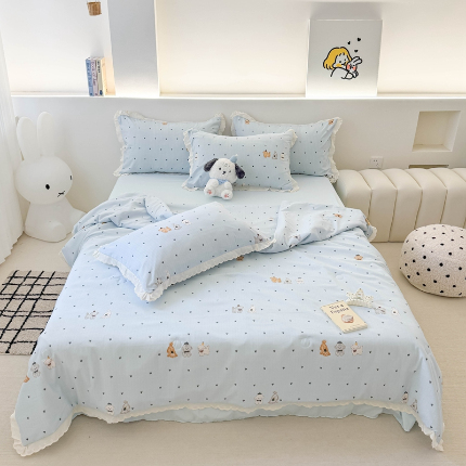 91家纺网 家纺一手货源 找家纺 吾欢心 2025新款水洗双层纱夏被四件套 旺仔