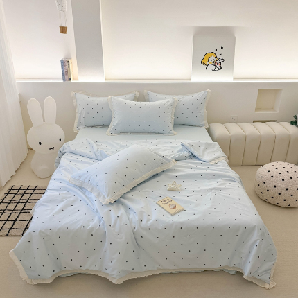 91家纺网 家纺一手货源 找家纺 吾欢心 2025新款水洗双层纱夏被四件套 蓝色波点