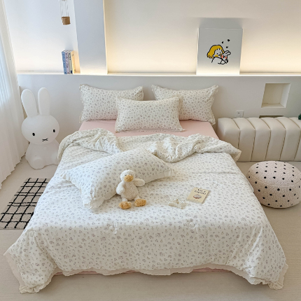 91家纺网 家纺一手货源 找家纺 吾欢心 2025新款水洗双层纱夏被四件套 茶野