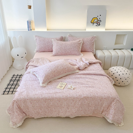 91家纺网 家纺一手货源 找家纺 吾欢心 2025新款水洗双层纱夏被四件套 南法假日粉