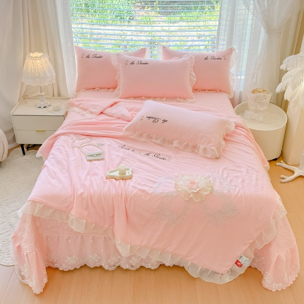 91家纺网 家纺一手货源 找家纺 （总）2025春夏新品韩版公主风超柔水洗棉床盖四件套刺绣针织棉双层纱纯棉棉麻全棉公主风夏被床盖款四件套