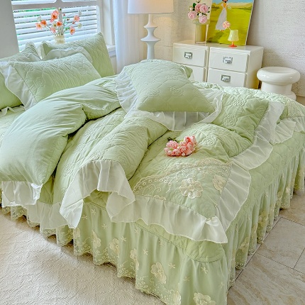 漫布云家纺2026春夏韩版法式公主风水洗棉床盖款多功能被套 夏被床盖四件套多功能二合一水洗棉夹泡泡棉小竺棉棉床裙款  香榭丽-新芽绿 