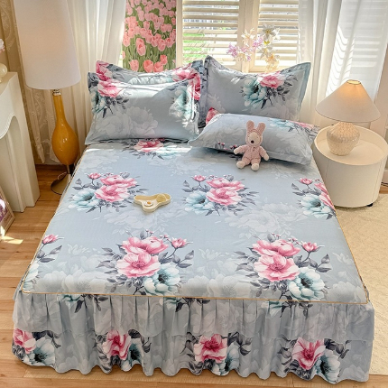 91家纺网 家纺一手货源 找家纺 优家居 2025新款芦荟棉床裙三件套 花开富贵