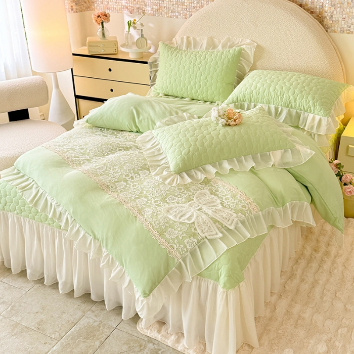91家纺网 家纺一手货源 找家纺 苏米娜2025韩版法式公主风水洗棉立体花绣花床盖款四件套蕾丝床盖款夏被四件套 法派甜心-薄荷绿