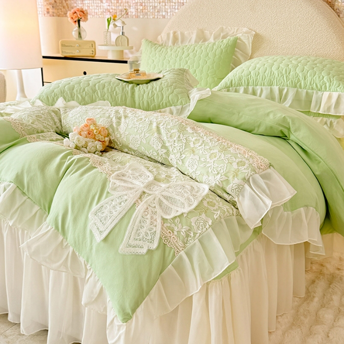 91家纺网 家纺一手货源 找家纺 苏米娜2025韩版法式公主风水洗棉立体花绣花床盖款四件套蕾丝床盖款夏被四件套 法派甜心-薄荷绿