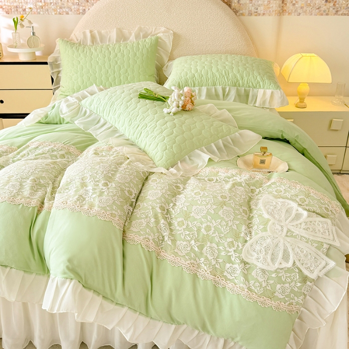 91家纺网 家纺一手货源 找家纺 苏米娜2025韩版法式公主风水洗棉立体花绣花床盖款四件套蕾丝床盖款夏被四件套 法派甜心-薄荷绿