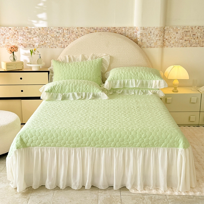 91家纺网 家纺一手货源 找家纺 苏米娜2025韩版法式公主风水洗棉立体花绣花床盖款四件套蕾丝床盖款夏被四件套 法派甜心-薄荷绿