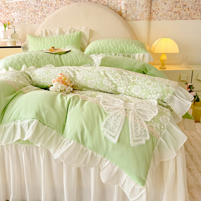 91家纺网 家纺一手货源 找家纺 苏米娜2025韩版法式公主风水洗棉立体花绣花床盖款四件套蕾丝床盖款夏被四件套 法派甜心-薄荷绿