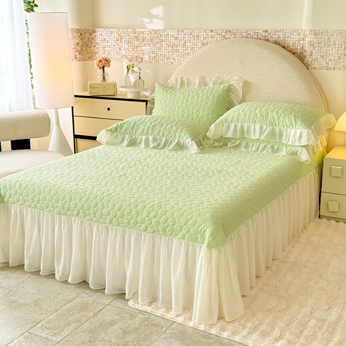 91家纺网 家纺一手货源 找家纺 苏米娜2025韩版法式公主风水洗棉立体花绣花床盖款四件套蕾丝床盖款夏被四件套 法派甜心-薄荷绿