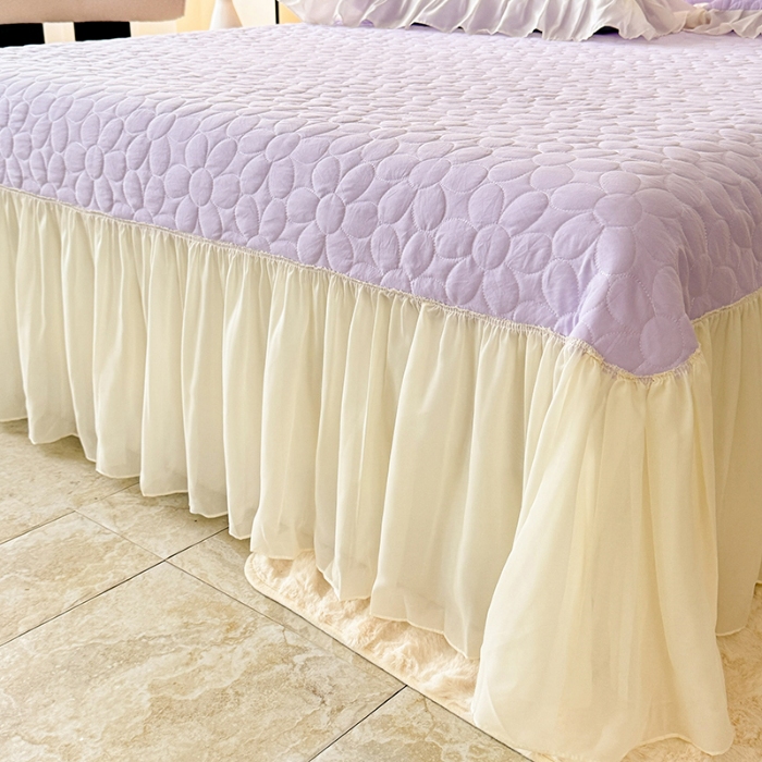 91家纺网 家纺一手货源 找家纺 苏米娜2025韩版法式公主风水洗棉立体花绣花床盖款四件套蕾丝床盖款夏被四件套  法派甜心-梦幻紫