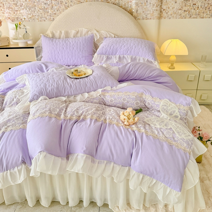 91家纺网 家纺一手货源 找家纺 苏米娜2025韩版法式公主风水洗棉立体花绣花床盖款四件套蕾丝床盖款夏被四件套  法派甜心-梦幻紫