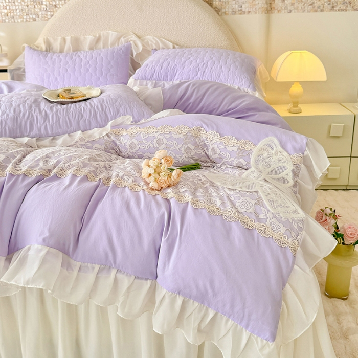 91家纺网 家纺一手货源 找家纺 苏米娜2025韩版法式公主风水洗棉立体花绣花床盖款四件套蕾丝床盖款夏被四件套  法派甜心-梦幻紫