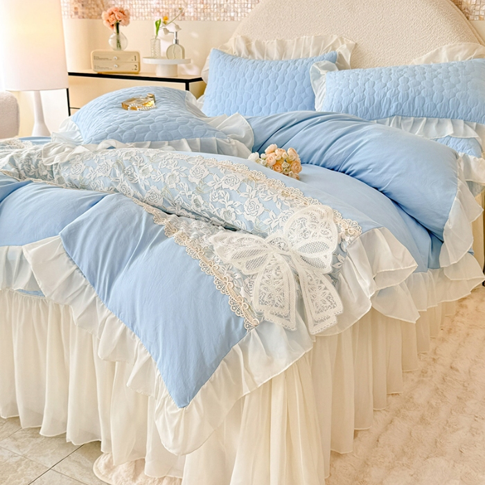 91家纺网 家纺一手货源 找家纺 苏米娜2025韩版法式公主风水洗棉立体花绣花床盖款四件套蕾丝床盖款夏被四件套 法派甜心—婴儿蓝 