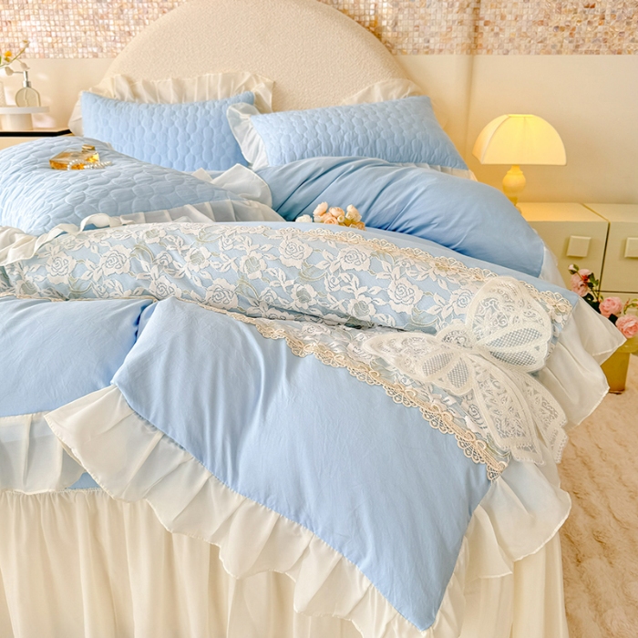 91家纺网 家纺一手货源 找家纺 苏米娜2025韩版法式公主风水洗棉立体花绣花床盖款四件套蕾丝床盖款夏被四件套 法派甜心—婴儿蓝 