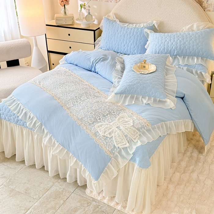 91家纺网 家纺一手货源 找家纺 苏米娜2025韩版法式公主风水洗棉立体花绣花床盖款四件套蕾丝床盖款夏被四件套 法派甜心—婴儿蓝 