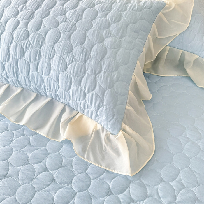 91家纺网 家纺一手货源 找家纺 苏米娜2025韩版法式公主风水洗棉立体花绣花床盖款四件套蕾丝床盖款夏被四件套 法派甜心—婴儿蓝 