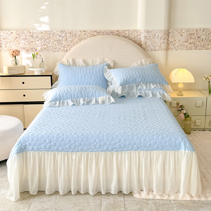 91家纺网 家纺一手货源 找家纺 苏米娜2025韩版法式公主风水洗棉立体花绣花床盖款四件套蕾丝床盖款夏被四件套 法派甜心—婴儿蓝 