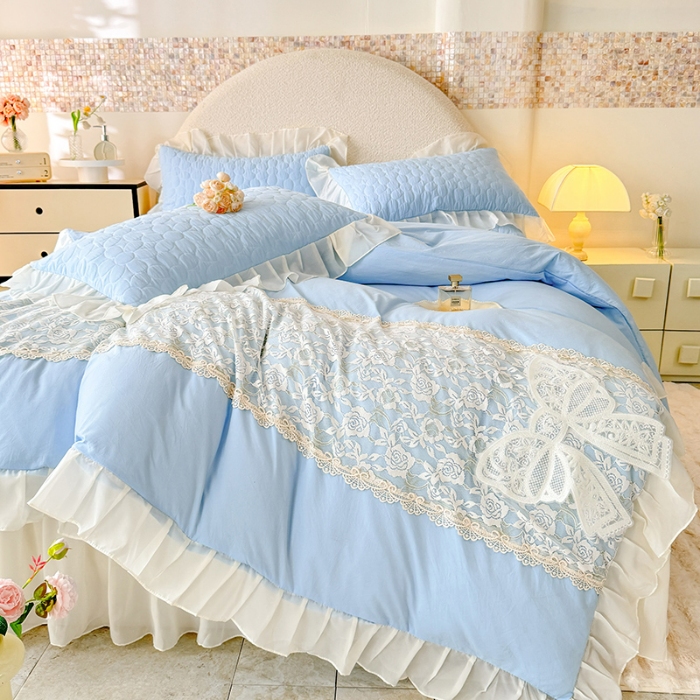 91家纺网 家纺一手货源 找家纺 苏米娜2025韩版法式公主风水洗棉立体花绣花床盖款四件套蕾丝床盖款夏被四件套 法派甜心—婴儿蓝 