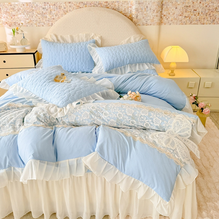 91家纺网 家纺一手货源 找家纺 苏米娜2025韩版法式公主风水洗棉立体花绣花床盖款四件套蕾丝床盖款夏被四件套 法派甜心—婴儿蓝 
