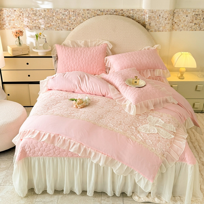 91家纺网 家纺一手货源 找家纺 苏米娜2025韩版法式公主风水洗棉立体花绣花床盖款四件套蕾丝床盖款夏被四件套 法派甜心—樱花粉 