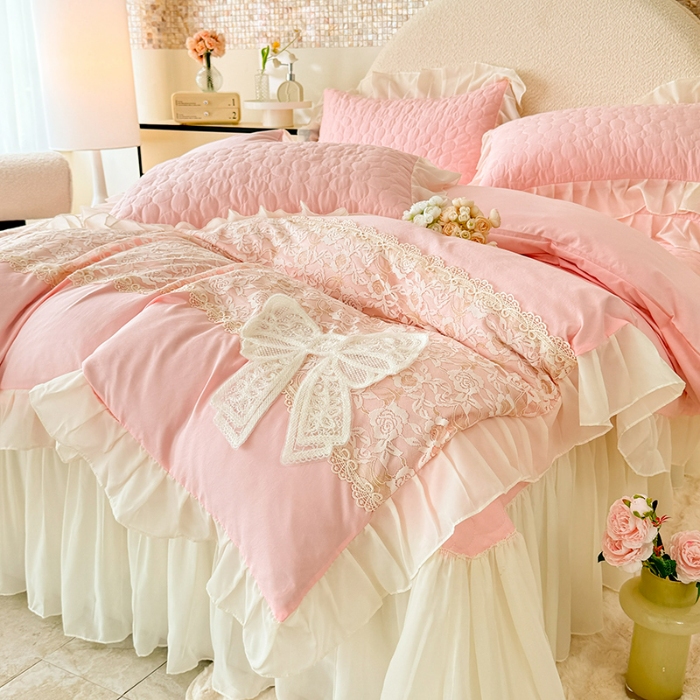 91家纺网 家纺一手货源 找家纺 苏米娜2025韩版法式公主风水洗棉立体花绣花床盖款四件套蕾丝床盖款夏被四件套 法派甜心—樱花粉 