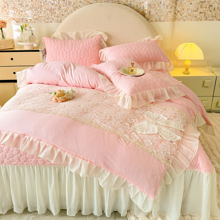 91家纺网 家纺一手货源 找家纺 苏米娜2025韩版法式公主风水洗棉立体花绣花床盖款四件套蕾丝床盖款夏被四件套 法派甜心—樱花粉 