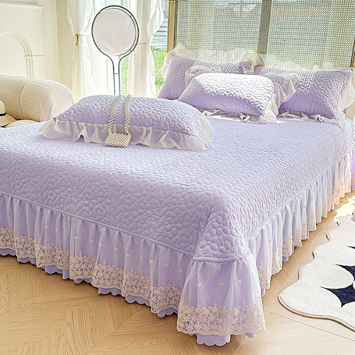 91家纺网 家纺一手货源 找家纺 苏米娜2025韩版法式公主风水洗棉立体花绣花床盖款四件套蕾丝床盖款夏被四件套 玛奇朵—梦幻紫