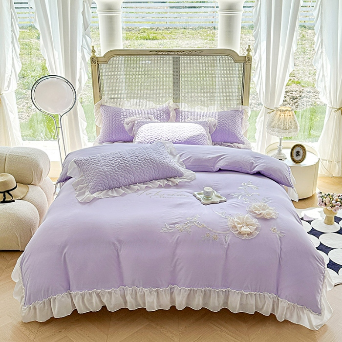 91家纺网 家纺一手货源 找家纺 苏米娜2025韩版法式公主风水洗棉立体花绣花床盖款四件套蕾丝床盖款夏被四件套 玛奇朵—梦幻紫