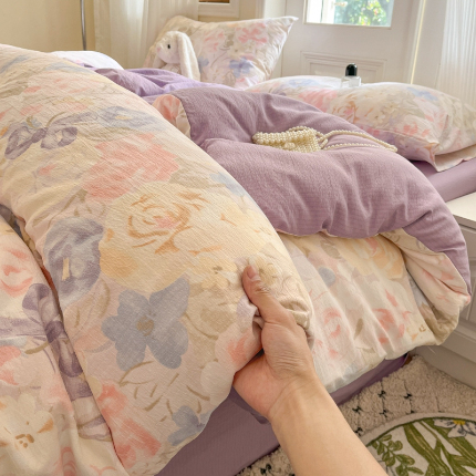 91家纺网 家纺一手货源 找家纺 （总）海岛哥哥 2025新款高克重木棉提花双层纱四件套-风格二