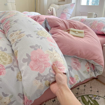 91家纺网 家纺一手货源 找家纺 （总）海岛哥哥 2025新款高克重木棉提花双层纱四件套-风格二