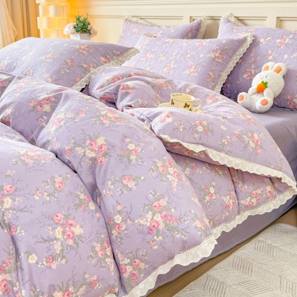 91家纺网 家纺一手货源 找家纺 （总）【苏东来】2025韩版蕾丝花边纯棉全棉双层纱四件套全棉纯棉小碎花印花四件套法式赫本公主风韩系皱皱纱花边四件套针织棉四件套件