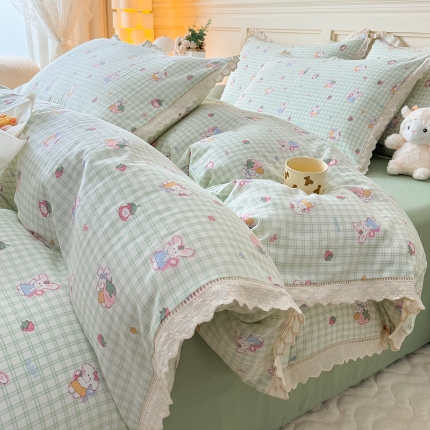 91家纺网 家纺一手货源 找家纺 （总）【苏东来】2025韩版蕾丝花边纯棉全棉双层纱四件套全棉纯棉小碎花印花四件套法式赫本公主风韩系皱皱纱花边四件套针织棉四件套件