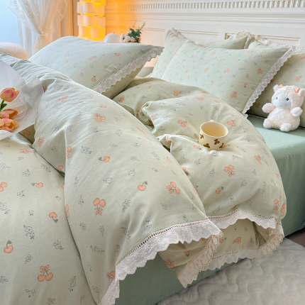 91家纺网 家纺一手货源 找家纺 （总）【苏东来】2025韩版蕾丝花边纯棉全棉双层纱四件套全棉纯棉小碎花印花四件套法式赫本公主风韩系皱皱纱花边四件套针织棉四件套件