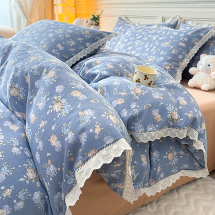 91家纺网 家纺一手货源 找家纺 （总）【苏东来】2025韩版蕾丝花边纯棉全棉双层纱四件套全棉纯棉小碎花印花四件套法式赫本公主风韩系皱皱纱花边四件套针织棉四件套件