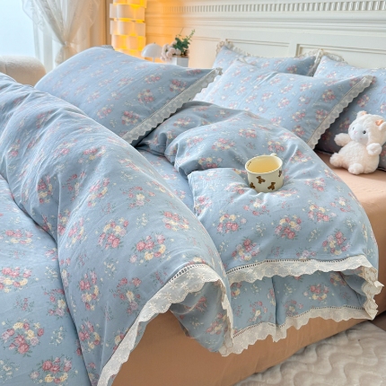 91家纺网 家纺一手货源 找家纺 （总）【苏东来】2025韩版蕾丝花边纯棉全棉双层纱四件套全棉纯棉小碎花印花四件套法式赫本公主风韩系皱皱纱花边四件套针织棉四件套件